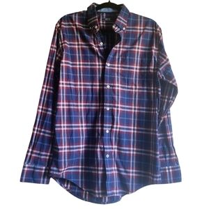 Izod Blue Red White Plaid Cotton Polyester Long Sleeve Button Up Men Size Medium